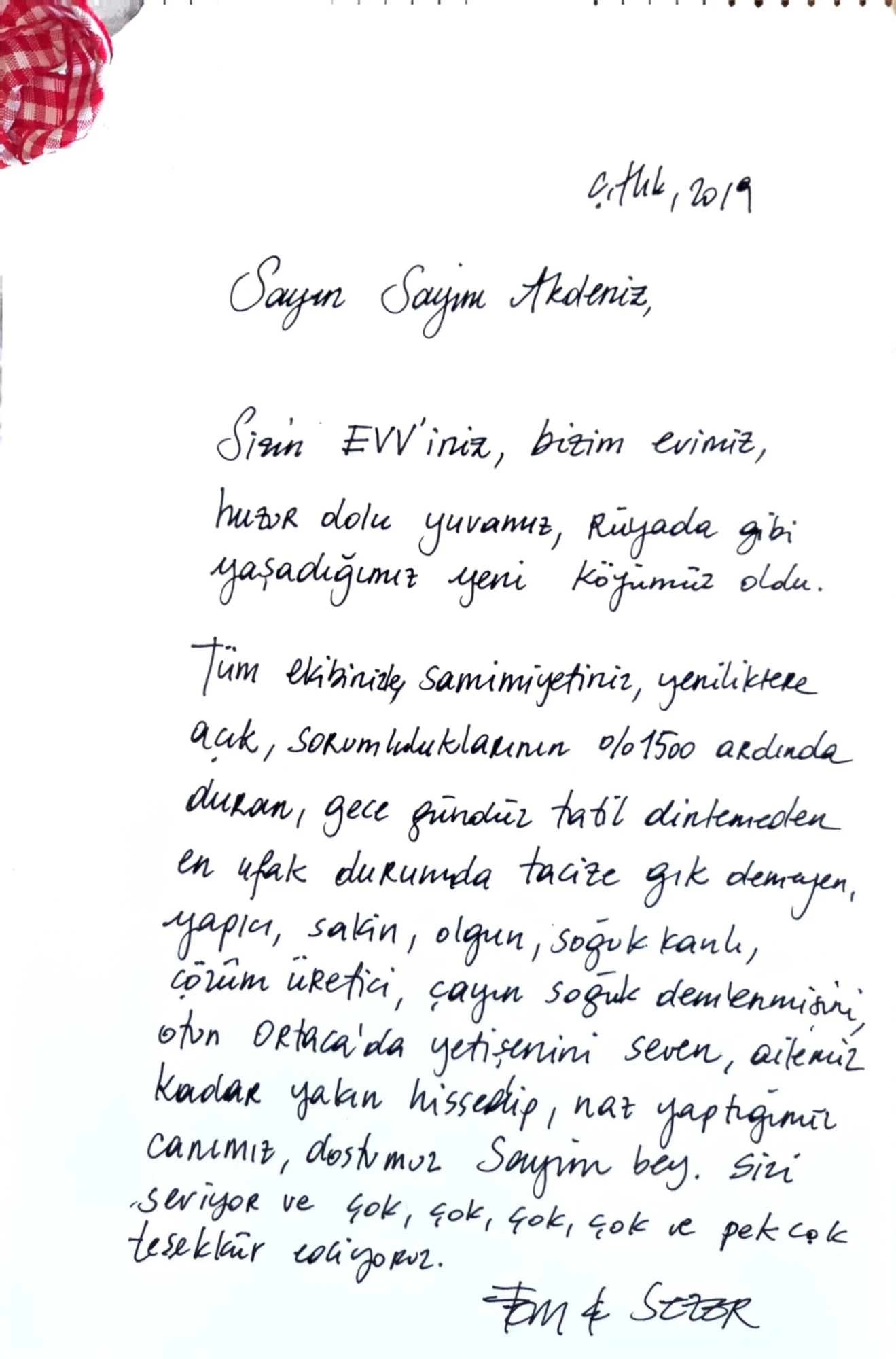 Çıtlık Evi işvereninden Sayim Akdeniz'e el yazısı teşekkür mektubu, 2019